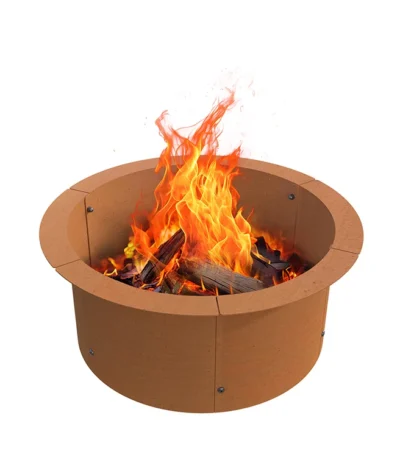 Portable camping fire pit with glowing flames in an outdoor setting