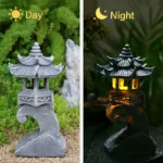Zen pagoda lantern outdoor statue on wooden deck, illuminated against twilight sky.