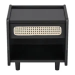 Black nightstand with rattan drawer detail and open shelf in a modern bedroom