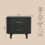 Modern minimalist black nightstand with two drawers and wood handles beside a bed in a contemporary bedroom