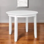 White MDF round dining table with solid wood legs, minimalist design, fully assembled 39 inch table for 4 people