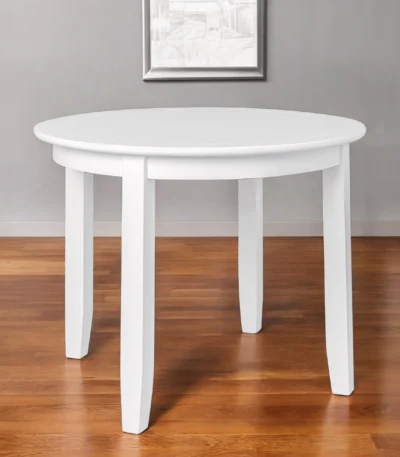 White MDF round dining table with solid wood legs, minimalist design, fully assembled 39 inch table for 4 people