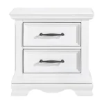 White 2-drawer nightstand with black handles made of durable wood, a classic bedside table for bedroom storage