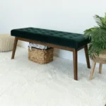 Goldoma Delilah Modern Green Velvet Bench - plush green velvet upholstery on a solid wood frame with natural finish, ideal for entryway or living room seating