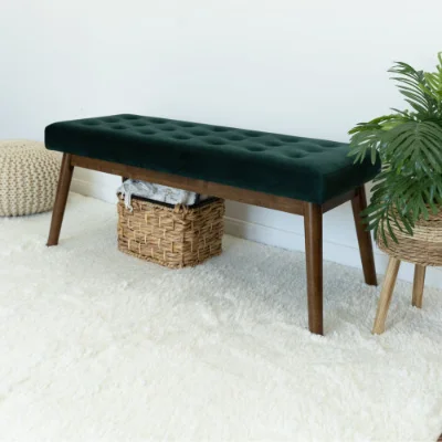 Goldoma Delilah Modern Green Velvet Bench - plush green velvet upholstery on a solid wood frame with natural finish, ideal for entryway or living room seating