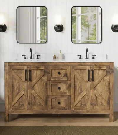 Goldoma 18-inch mid-century freestanding bathroom vanity with wood stripes decor, undermount sink, and adjustable shelf