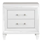 White silver finish nightstand with 2 drawers and acrylic bar pulls in a modern bedroom setting