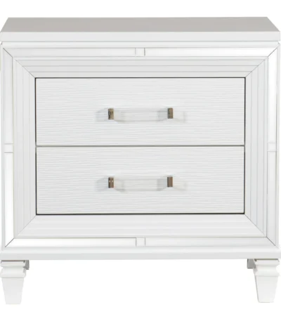 White silver finish nightstand with 2 drawers and acrylic bar pulls in a modern bedroom setting