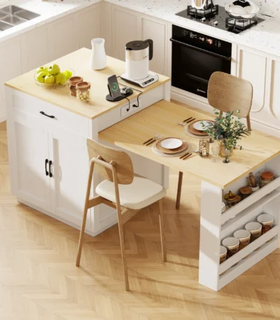 82.7 inch extendable kitchen island dining table with two-tone finish and double-sided storage seats 4-6 persons