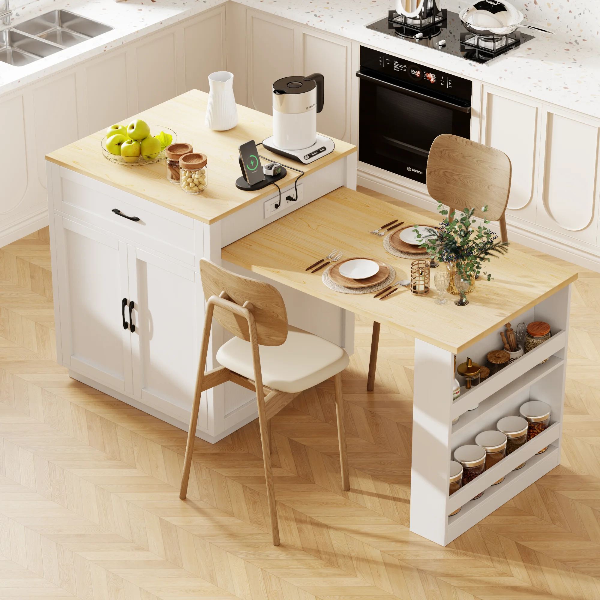 Hfec10e4923404b8a822a25ed62573b3dj.webp 82.7 inch extendable kitchen island dining table with two-tone finish and double-sided storage seats 4-6 persons