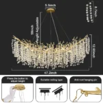 Modern large crystal chandelier in gold finish hanging over dining table