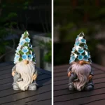 Side view of outdoor solar gnome, showing hollow body and intricate flower pattern.
