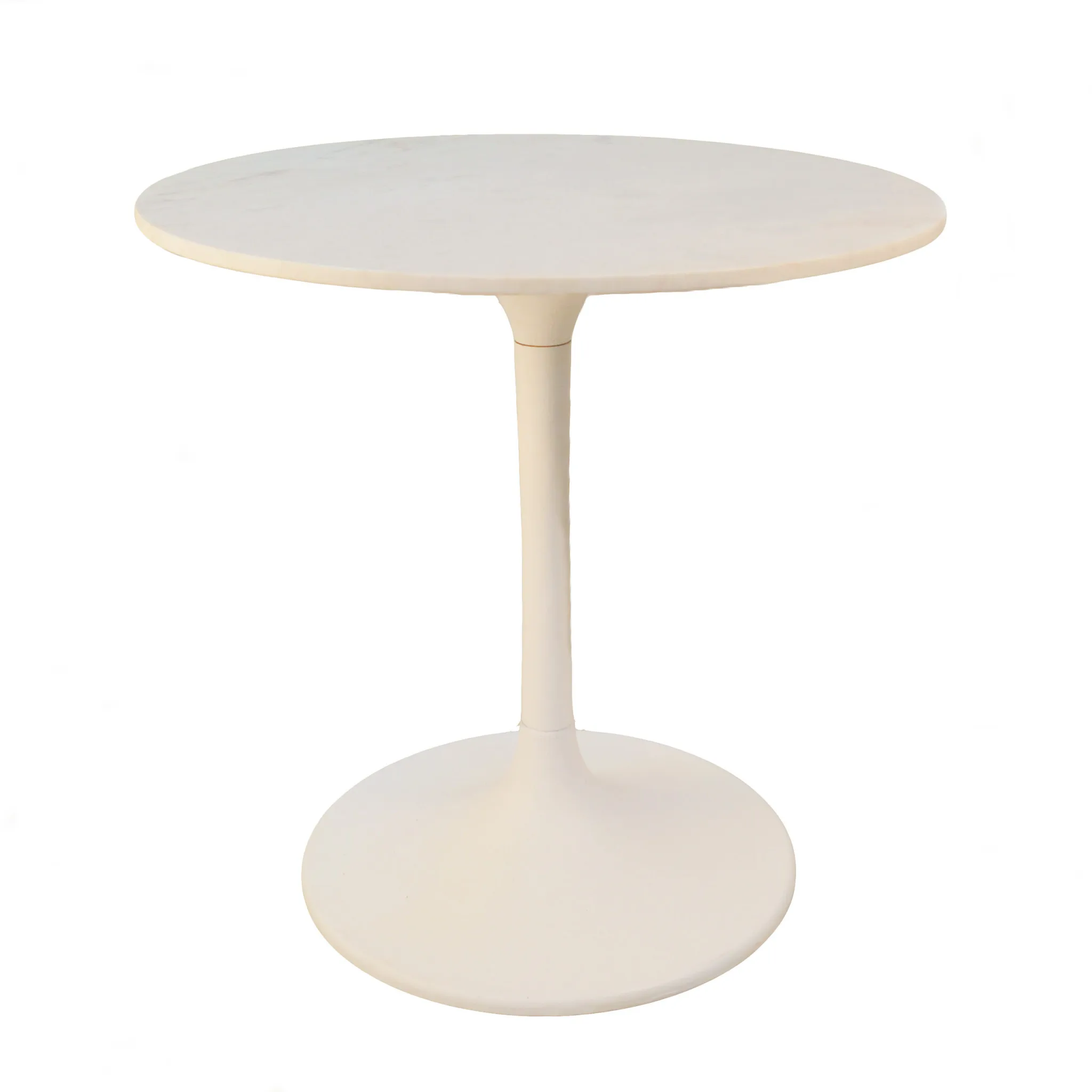 30" White Rounded Marble Dining Table with Iron Pedestal Base