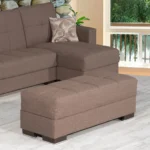 Brown chenille tufted storage ottoman with removable MDF top and hidden storage, perfect for living room or bedroom.