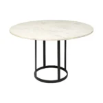 48 inch white and black round marble pedestal dining table with metal base