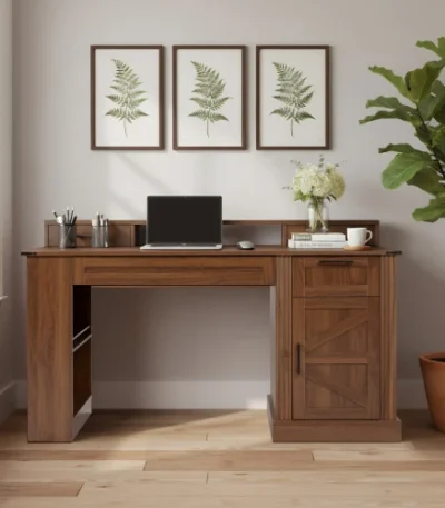 55" Modern Office Desk with Storage Cabinet & Charging Station Barn Door Writing Desk with Keyboard Tray Eco-Friendly