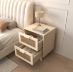 Modern bedside nightstand with charging station in white and natural finish, featuring two drawers and solid wooden legs