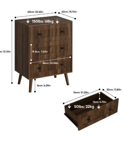 Modern 3-drawer wooden dresser with lacquer finish in walnut color, ideal for bedroom storage