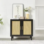 Side Panel Buffet Cabinet with Natural Rattan Door, Rattan Storage Cabinet with Adjustable Shelves
