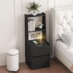 Modern nightstand with charging station and bookshelf in black for bedroom storage