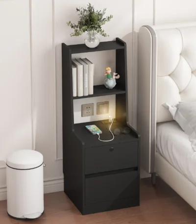 Modern nightstand with charging station and bookshelf in black for bedroom storage