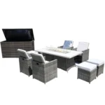 HMS Outdoor Leisure Ten-Piece Gray Wicker Furniture Set with White Cushions Durable PP Material Fire Pit Included