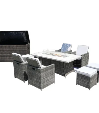 HMS Outdoor Leisure Ten-Piece Gray Wicker Furniture Set with White Cushions Durable PP Material Fire Pit Included
