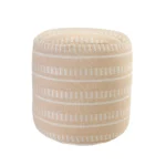 Goldoma 20 inch brown striped polyester pouf ottoman used as a footrest in a cozy living room setting