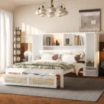 Goldoma twin storage bed with two lockers, drawer, and headboard shelf in natural rattan white finish