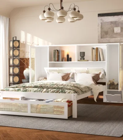 Goldoma twin storage bed with two lockers, drawer, and headboard shelf in natural rattan white finish
