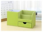 Storage box for desk accessories in brown leather PU, placed on a white table.