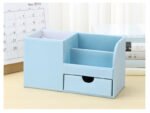 Office desktop organizer: leather PU box with compartments for pens, notes, and remotes.