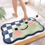 Non slip bathroom rug with frog and bear flocking design on bathroom floor