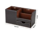 Top-down view of leather PU storage box with stationery items arranged neatly.