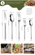 30-piece stainless steel flatware set with mirror finish on wooden table