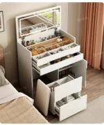 Modern white LED vanity dresser with mirror and stool - complete makeup table set for bedroom | Goldoma