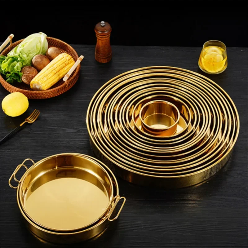S009db5dc21cc4eb38d0dfc92cd1f8634m.webp round 304 stainless steel deep golden Basin Fruit Food Storage Tray Plate with Handle Cake Bread Pans Baking dinner plate sets - Image 1