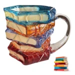 3D Glass Painted Book Mug, Unique Design Books Stack Coffee Mug With Spoon, Book Club Gift for Bookish Bookworm Librarian