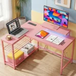 NOST&HOST Pink L Shaped Gaming Desk LED Power Outlets,42" Corner Computer Desk Reversible Shelves Hooks Home Office Bedroom Desk - Image 3