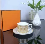 Newest Mosaic Patterned Grid-Shaped Dinner Plate Coffee Cup & Saucer Set Bone Coffee Sets Glasses Gold Outline Plates