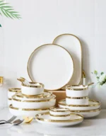 Nordic Style Gold Inlay Bright White Porcelain Dinner Sets Ceramic Bowl Dish Plates Set Porcelain Dinnerware For Household