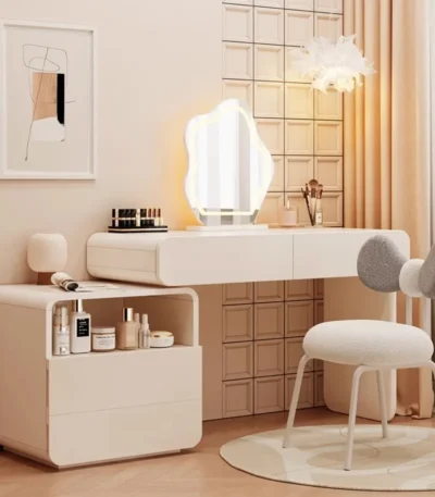 White wooden dressing table with mirror and stool in a modern bedroom setting, featuring LED lighting and organized drawers - Goldoma dressing table with mirror