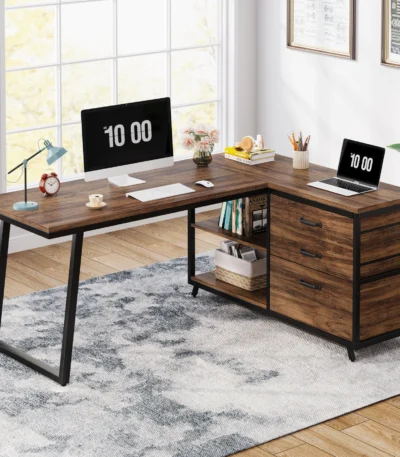 Tribesigns L-Shaped Computer Desk with 3 Drawers, Reversible Corner Home Office Desk with Shelves, 53-Inch Industrial PC