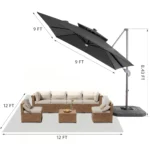 Goldoma large patio umbrella with lights illuminating a 9x9 FT square cantilever umbrella with solar LED lights in a bac