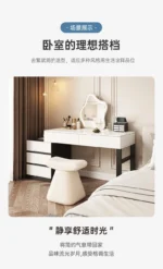 Modern wooden dressing table with mirror and 5 drawers – makeup vanity desk with LED lights and stool in bedroom setting