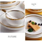 Nordic Style Gold Inlay Bright White Porcelain Dinner Sets Ceramic Bowl Dish Plates Set Porcelain Dinnerware For Household