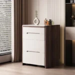 Modern dressing table organizer with shelves for makeup and jewelry in a minimalist bedroom setting