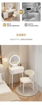 Modern storage vanity table with mirror and stool featuring multiple drawers for bedroom organization