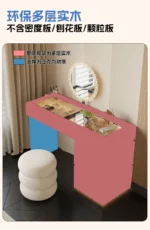 Minimalist modern dressing table with mirror and stool in a bedroom setting with 4 drawers and 4 doors