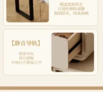 Modern wooden makeup vanity table with mirror and matching stool, featuring a storage drawer for organization